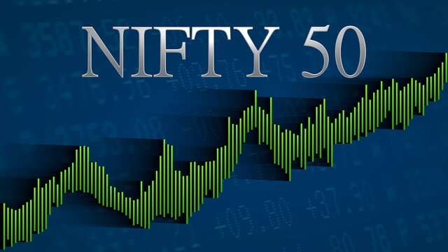 The stock market index NIFTY 50, National Stock Exchange of India, keeps rising. The green ascending bar chart on a blue background with the silver headline indicates a bullish market.