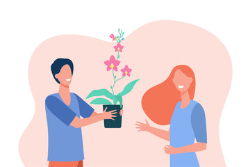 Happy guy giving home flower to girlfriend. Potted plant, houseplant, floral stem. Flat vector illustration. Florist shop, blooming, spring concept for banner, website design or landing web page