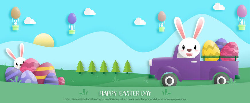 Happy easter day in paper art style with rabbit and easter eggs. greeting card, posters and wallpaper. banner. Vector illustration.