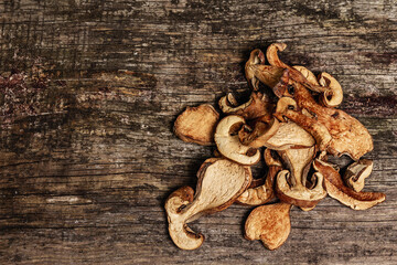 Forest dried edible mushrooms in a linen sack
