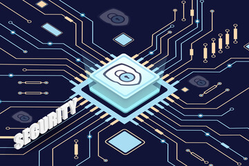 Cybersecurity. Circuit board. Microchip. Microprocessor.