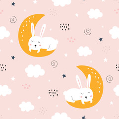 Seamless pattern vector Sky background with a white rabbit lying on the crescent moon. Hand drawn design in cartoon style, use for print, wallpaper, clothes, textiles.