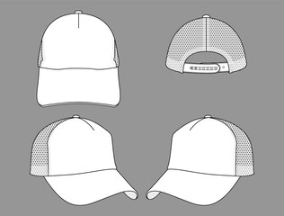Blank White Mesh Trucker Cap With Adjustable Snap Back Closure Template on Gray Background, Vector File.