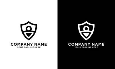 sheild and people logo line art design vector template on a black and white background.