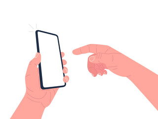 One hand holds a smartphone and the other touches the screen. Mockup for your text, app. Vector illustration.