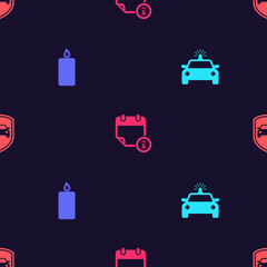 Set Police car and flasher, Burning candle, Calendar clock and Car protection or insurance on seamless pattern. Vector.