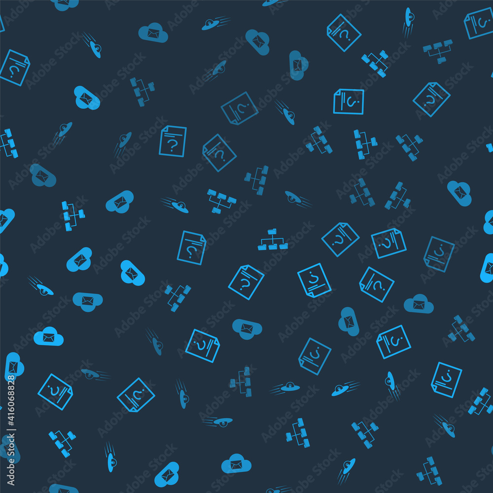 Poster set ufo flying spaceship and alien, unknown document, folder tree and cloud mail server on seamless 