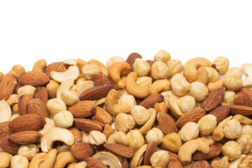 Mix of nuts isolated on white background. Top view.