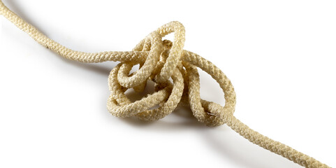 Spontaneous knot of rope on a white background. A symbol of a difficult task to be solved. Allegory...