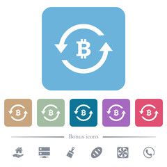 Bitcoin pay back flat icons on color rounded square backgrounds