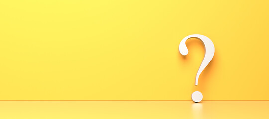 White question mark on yellow background with empty copy space on left side, FAQ Concept. 3D Rendering - obrazy, fototapety, plakaty