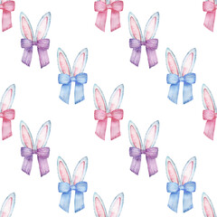 Watercolor Easter pattern with gray and pink color bunny ears with striped colorful bows. Easter background