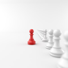 Leadership concept, red pawn of chess, standing out from the crowd of white pawns, on white background with empty copy space. 3D Rendering
