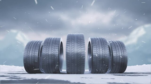 Loops car tires roll on a snowy road under the falling snow