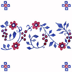 Isolated seamless pattern of ukrainian ethnic ornament painted in blue and red watercolor on white background