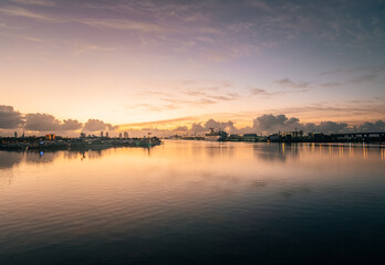 beautiful horizon sky huge clouds sea city palms tropical miami florida usa sun