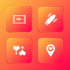 Set Play Video with 18 plus, Dildo vibrator for sex games, Male and female heart and Location icon. Vector.
