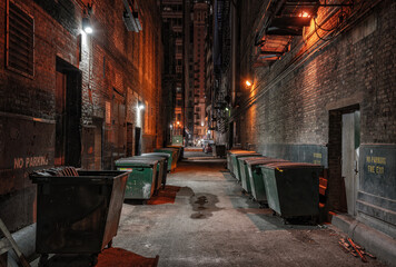 Dark empty alley at night, Chiacgo - obrazy, fototapety, plakaty