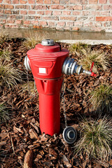 red fire hydrant in front of brick building