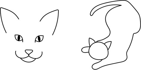 Set of minimalistic cat faces (art line) and cat outline without background in black white color