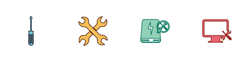 Set Screwdriver, Crossed wrenchs, Power bank service and Computer monitor icon. Vector.