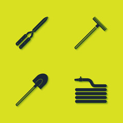 Set Gardening handmade scissor, hose fire hose, shovel and rake icon. Vector.