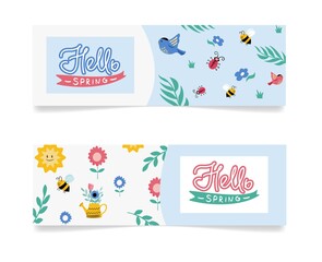 Hello spring banner template with lettering and cute birds, flower, bee, sun. Hand drawn vector illustration