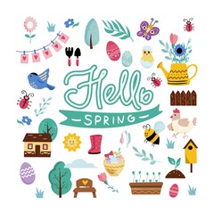 Hello spring lettering with cute insect, flower, tree, house, bird, bee, eggs. Hand drawn cartoon elements. Flat vector illustration.