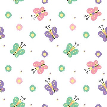 Seamless pattern with cute butterflies and flowers. Vector illustration in cartoon style hand drawn