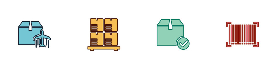 Set Plane and cardboard box, Cardboard boxes on pallet, Package with check mark and Barcode icon. Vector.