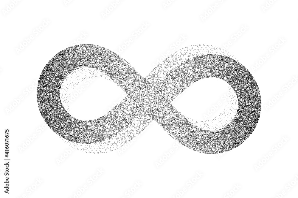 Poster dotwork infinity symbol pattern vector background. sand grain effect. black noise stipple dots. abst