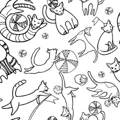 pattern of hand drawn cats doodle playing with balls and flags