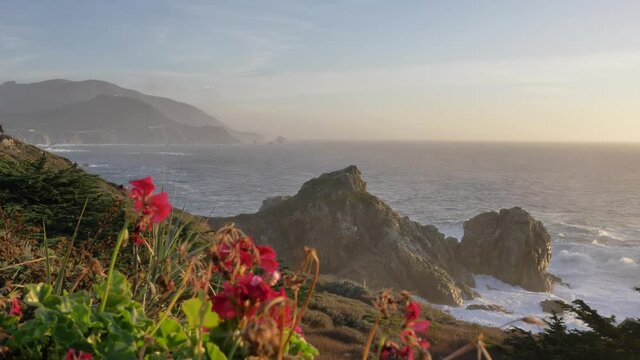 Pfeiffer Bridge Sunset at scenic Big Sur coast of pacific ocean with beautiful flowers and green plants