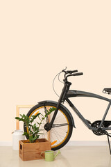 Modern bicycle with houseplants against light wall