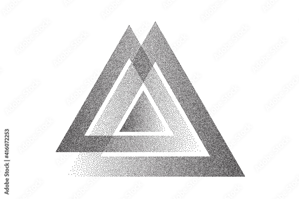 Poster dotwork triangles pattern vector background. sand grain effect. black noise stipple dots. abstract n