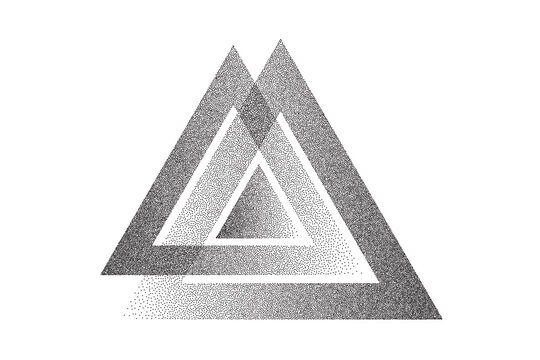 Dotwork triangles pattern vector background. Sand grain effect. Black noise stipple dots. Abstract noise dotwork triangle. Black dots optical paradox banner. Stipple circles. Dotted vector background.