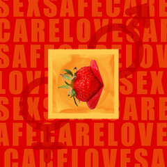 Condom with picture of lips and strawberry on color background. Concept of safe sex