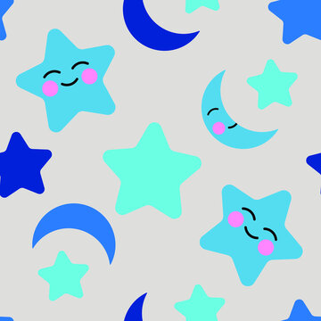 Seamless background with blue stars and moons for printing on children's fabrics, textiles, paper, bed decor. Vector graphics.