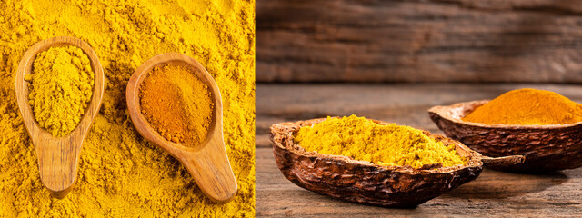 Curry and turmeric, organic powders - Text space