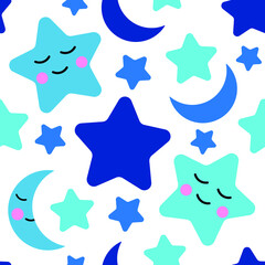 Seamless background with blue stars and moons for printing on children's fabrics, textiles, paper, bed decor. Vector graphics.