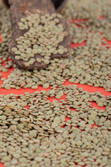 Unprepared sprinkled lentils on a red background