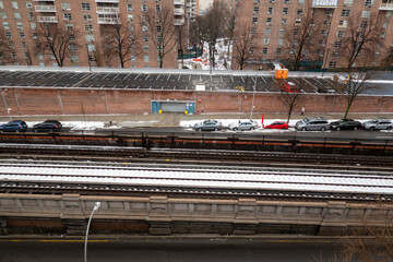 Morningside Heights, Manhattan, New York, USA. 2021. Snow covered railroad tracks along the number 1 line at Morningside Heights, Manhattan, NYC.
