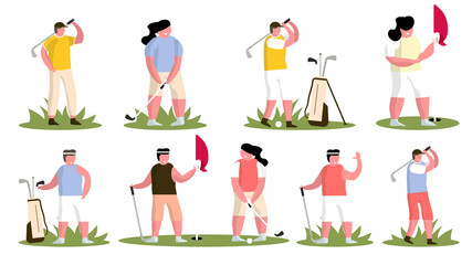Golf play people vector illustration. Young Characters with Golf Equipment and Cart, Happy People Relaxing on Golf Field, Sports