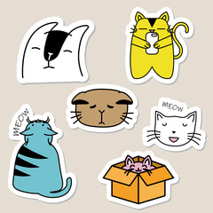 Set of funny cat icons, cute pet cartoon character vector illustration. Hand drawn characters. Sweet funny kittens