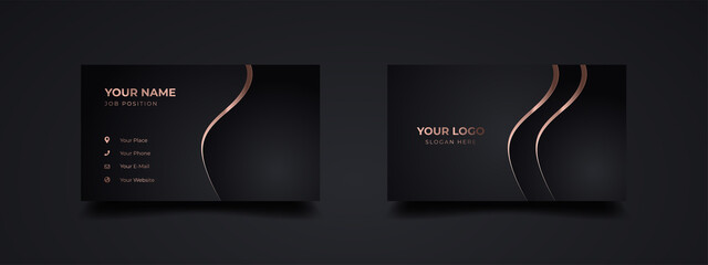 Luxury and elegant dark black business card design with gold wavy style minimalist print template. Two sided golden design.