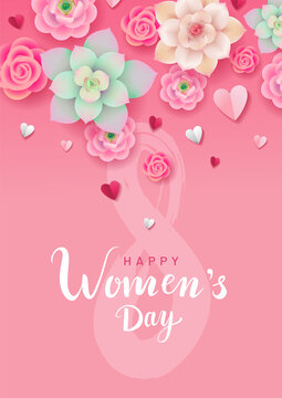 Happy Women's Day greeting poster or card design. Pink, green and creamy flowers with paper hearts on pink background. Hand-drawn lettering for design. - Vector