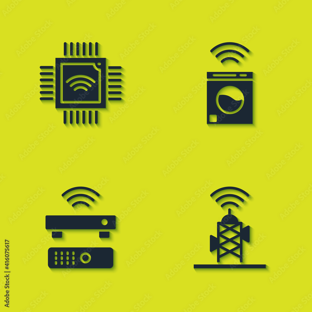 Poster set processor with microcircuits cpu, wireless antenna, tv box receiver and smart washer icon. vecto