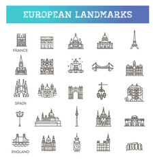 Simple linear Vector icon set representing global tourist european landmarks and travel destinations for vacations