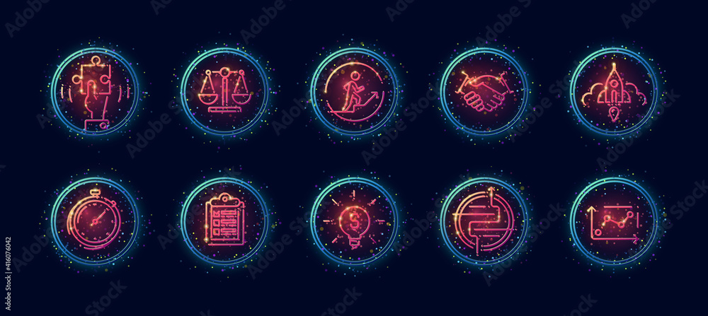 Poster 10 in 1 vector icons set related to solution theme. lineart vector icons in geometric neon glow styl