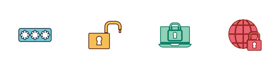 Set Password protection, Open padlock, Laptop and and Global lockdown icon. Vector.